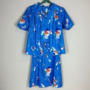Vintage Blue Floral Polyester Butterfly Collar Short Sleeve Dress Set M 70s